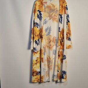 LulaRoe Floral Blue Yellow Duster Cardigan S Long Sleeve Open Front Lightweight